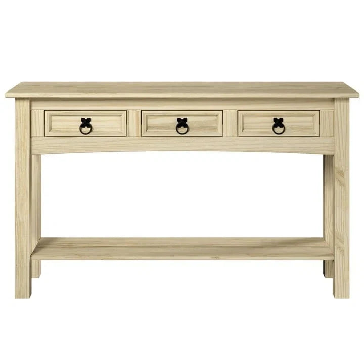 Console de couloir rustique en pin massif, blanc cérusé / marron antique / gris cérusé / non peinte, 3 tiroirs