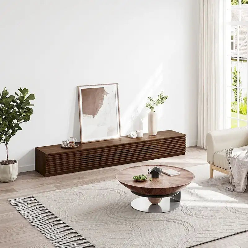 Meuble TV minimaliste avec tiroirsConsole multimédia en bois massif avec placards, porte abattante, placage noyer, entièrement assemblé