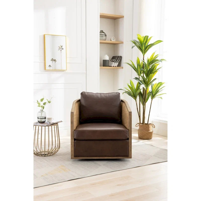 Fauteuil pivotant, fauteuil d'appoint rond confortable, fauteuil club pivotant à 360 degrés, fauteuil de loisirs avec cadre en rotin tressé