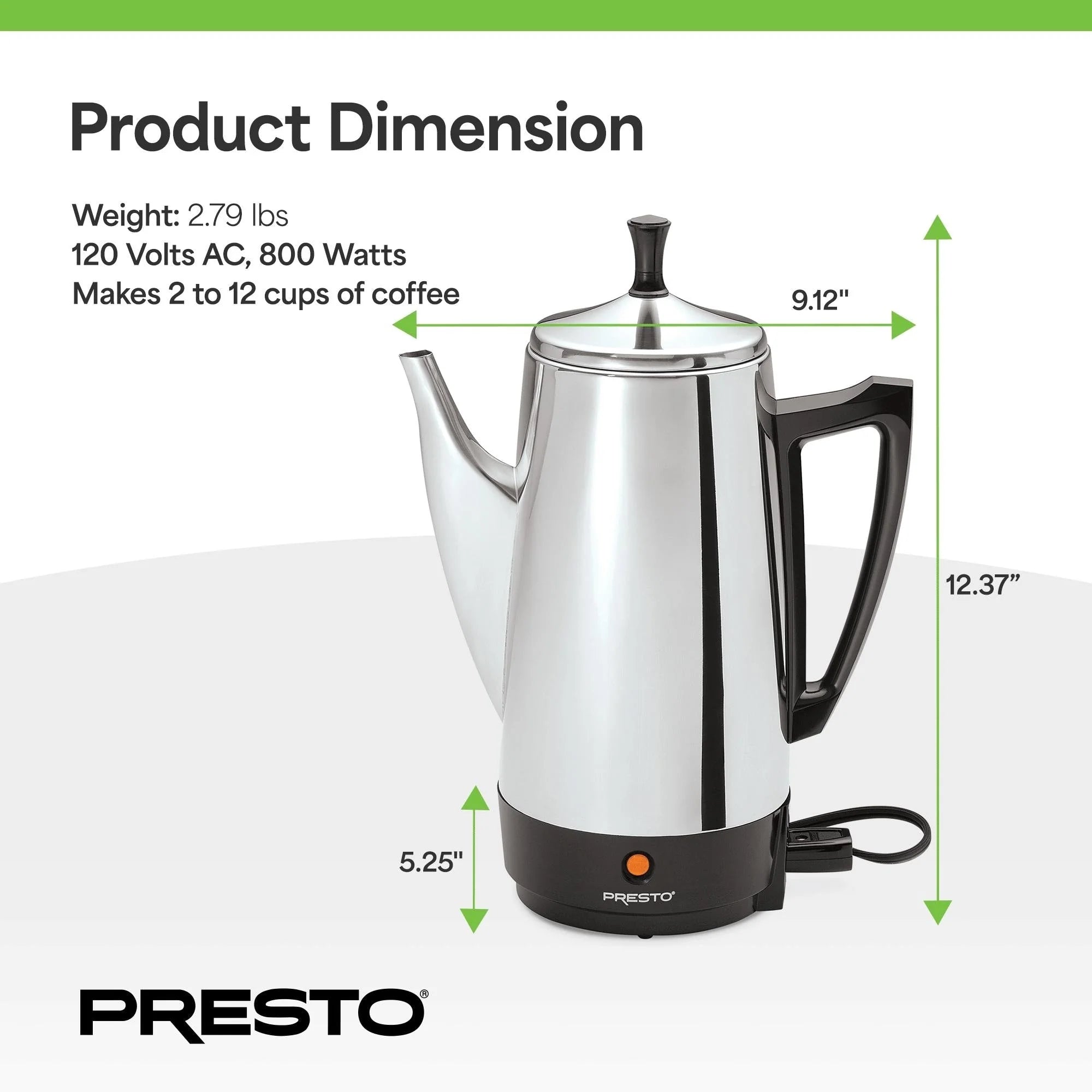 Cafetière à percolateur Presto en acier inoxydable, 12 tasses, robuste, argent - 2.79