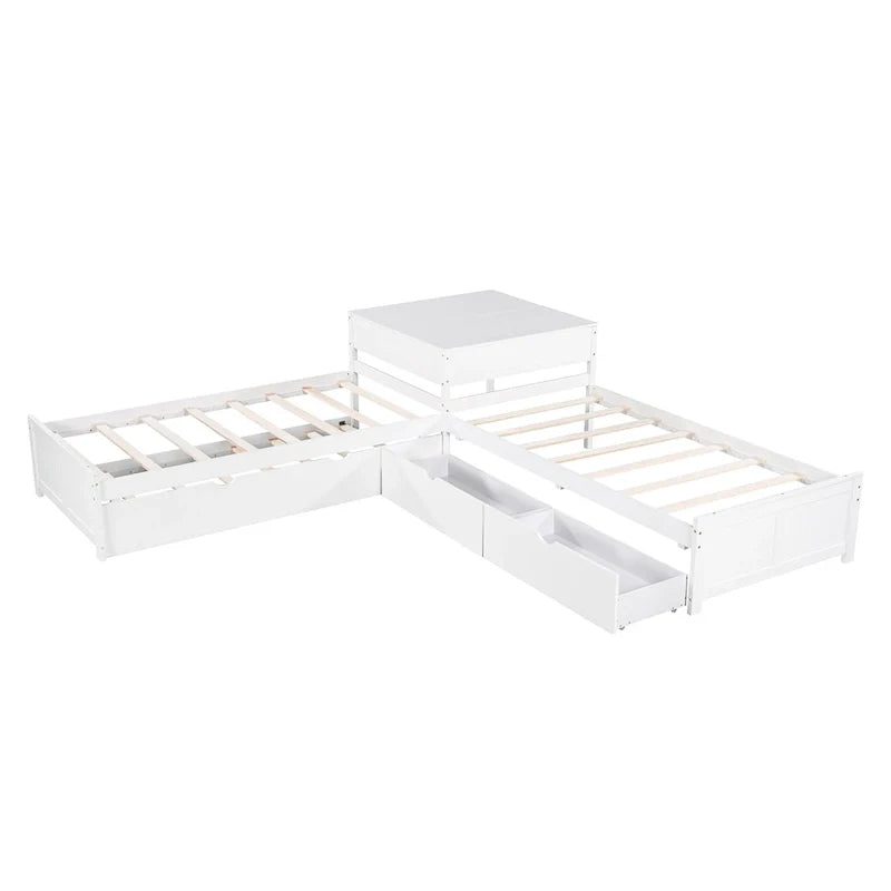 Lit plateforme en L moderne blanc de taille double avec lit gigogne et tiroirs pour chambre à coucher