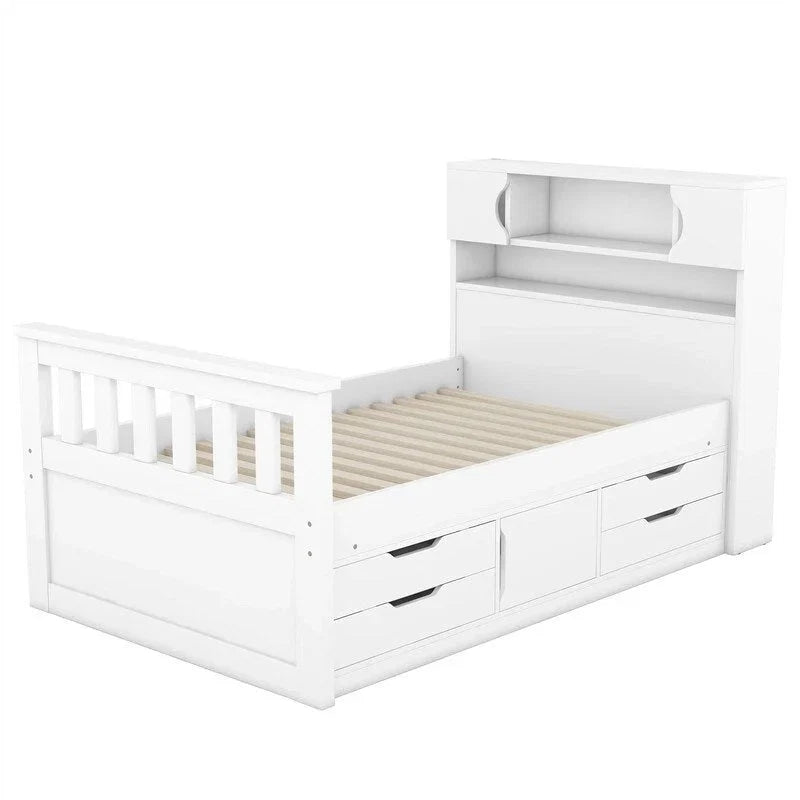 Lit plateforme capitaine double/grand avec 4 tiroirs et étagères de rangement, cadre de lit en bois massif avec tête de lit bibliothèque de rangement
