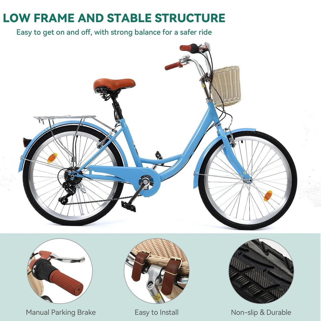 Moasis24/26 Vélo Cruiser 7 Vitesses, Vélo à Cadre Bas Ajustable, Vélo de Ville, Bicyclette