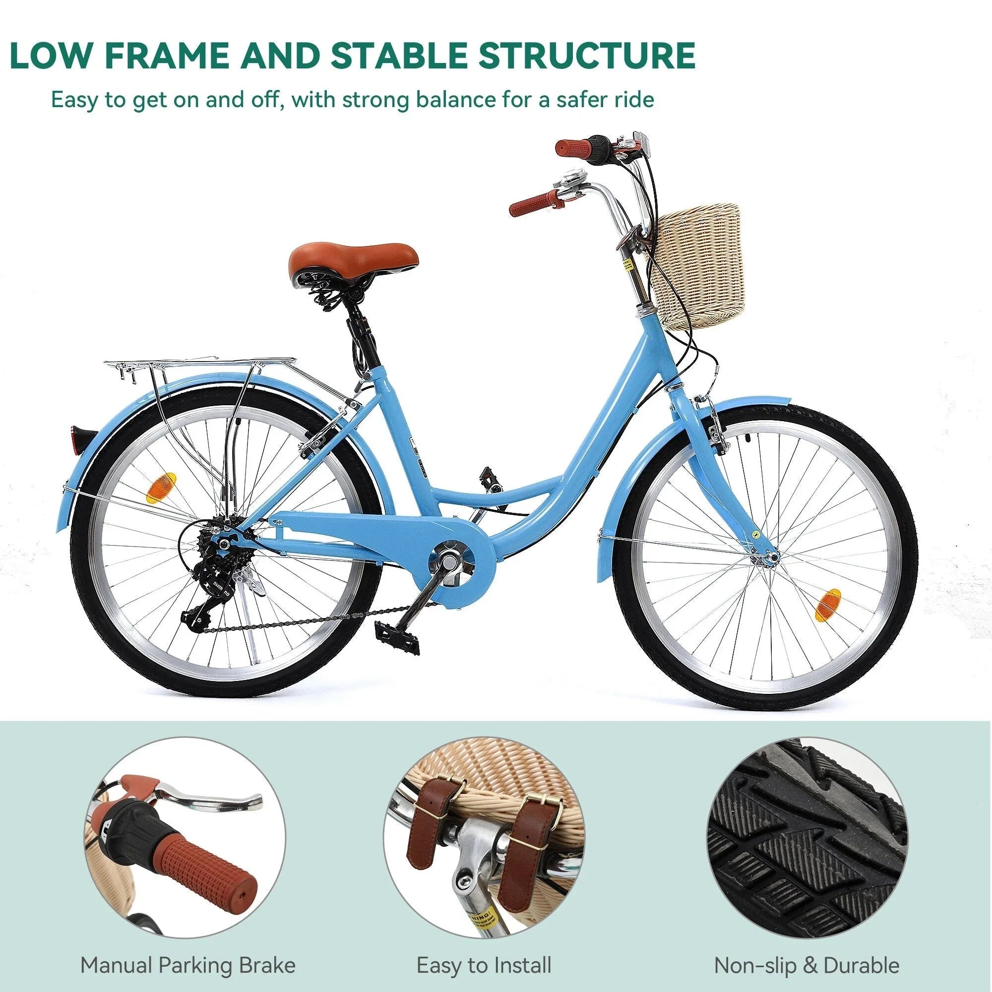 Moasis24/26 Vélo Cruiser 7 Vitesses, Vélo à Cadre Bas Ajustable, Vélo de Ville, Bicyclette