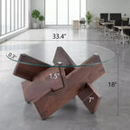 Table basse ronde en verre trempé de 33,4" avec pieds en MDF couleur noyer