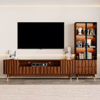 Meuble TV moderne Mid-Century en noyer et vitrine 3 niveaux en verre avec tiroirs