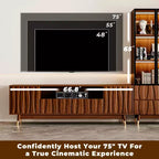 Meuble TV moderne Mid-Century en noyer et vitrine 3 niveaux en verre avec tiroirs