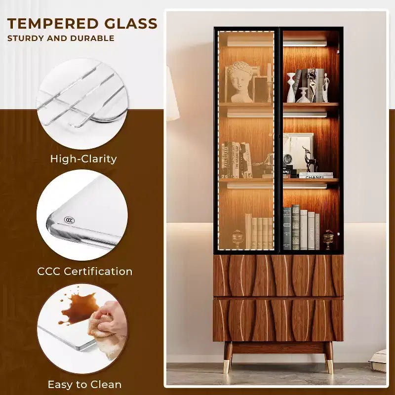 Meuble TV moderne Mid-Century en noyer et vitrine 3 niveaux en verre avec tiroirs