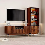 ATJafurn Walnut Mid-century Modern TV Stand and 3-Tier Glass Display Cabinet with drawers , Brown Wooden Entertainment Center Set for Living Room