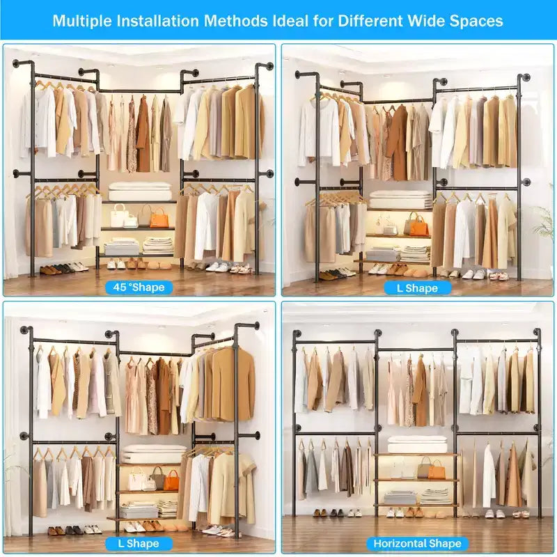 Portant à vêtements industriel en tuyaux, système de placard mural de 2,2 à 3,3 m