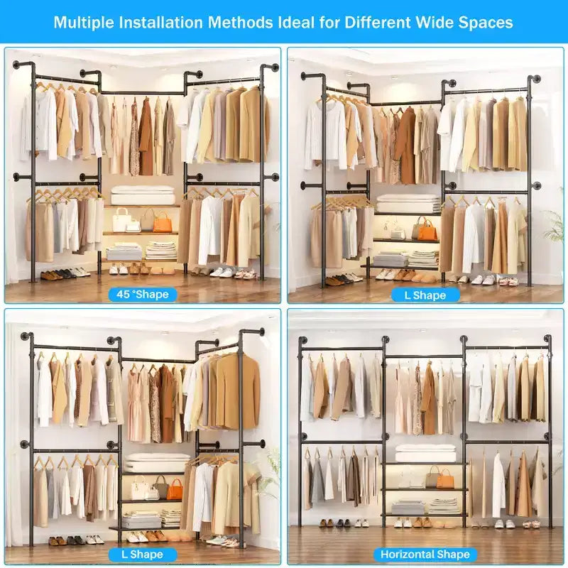 Portant à vêtements industriel en tuyaux, système de placard mural de 2,2 à 3,3 m