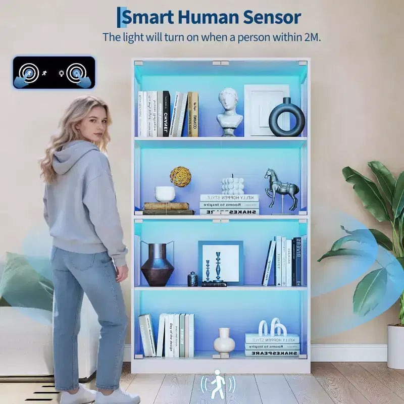 Vitrine en verre avec portes, meuble de curiosités à 4 niveaux avec lumières LED, ports de charge et détecteur de mouvement