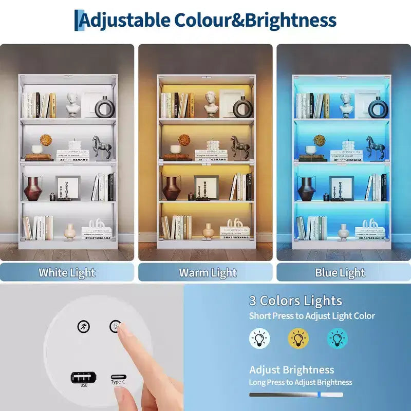Vitrine en verre avec portes, meuble de curiosités à 4 niveaux avec lumières LED, ports de charge et détecteur de mouvement