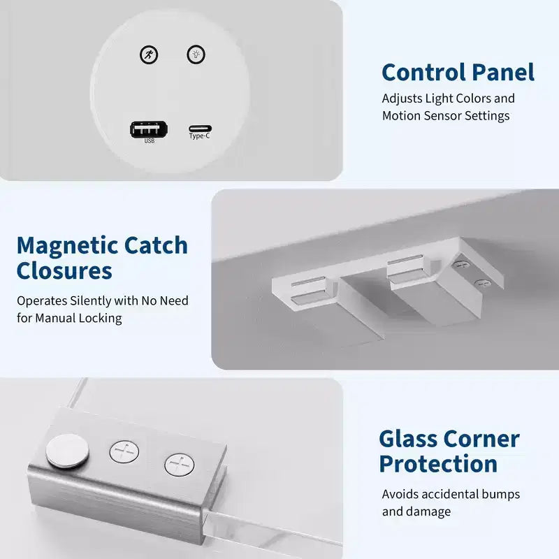 Vitrine en verre avec portes, meuble de curiosités à 4 niveaux avec lumières LED, ports de charge et détecteur de mouvement