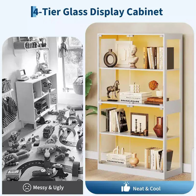 Vitrine en verre avec portes, meuble de curiosités à 4 niveaux avec lumières LED, ports de charge et détecteur de mouvement