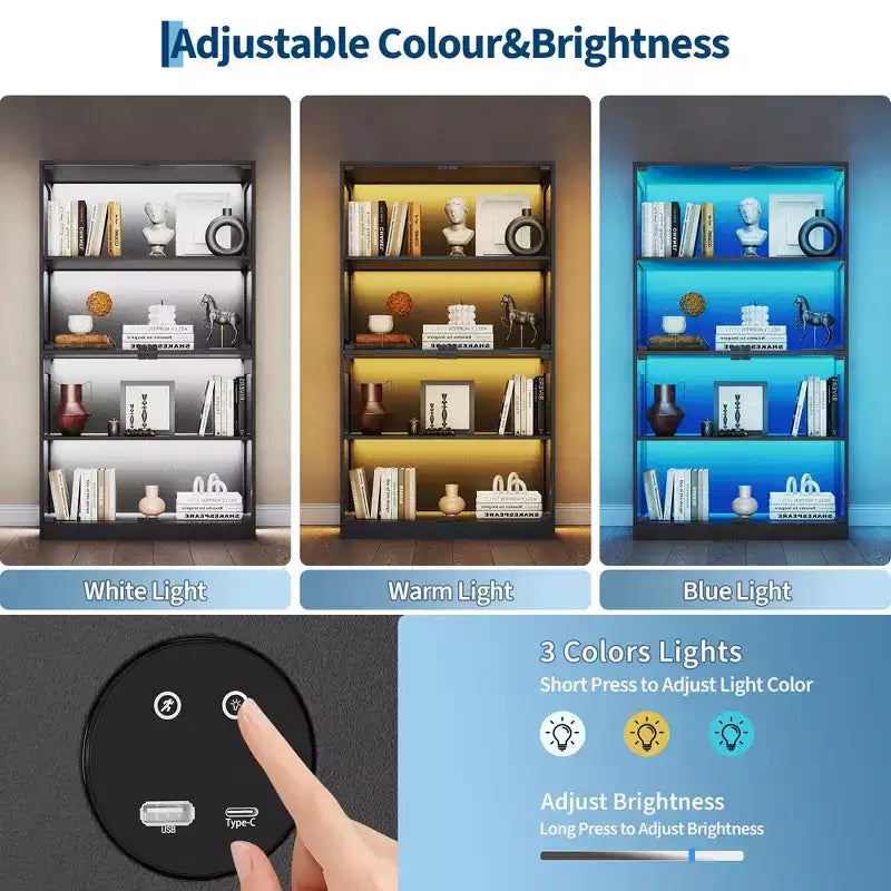 Vitrine en verre avec portes, meuble de curiosités à 4 niveaux avec lumières LED, ports de charge et détecteur de mouvement