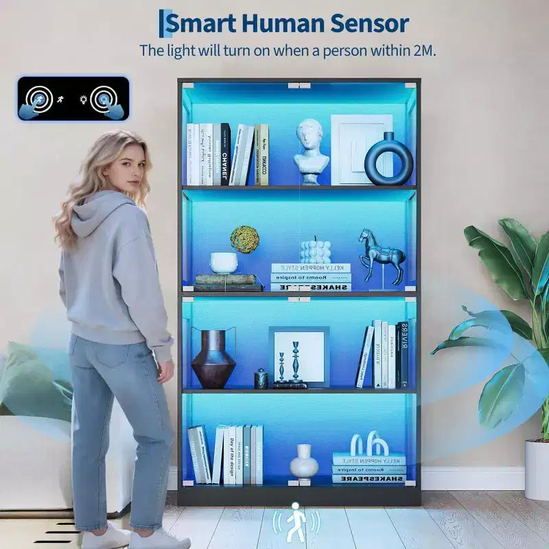 Vitrine en verre avec portes, meuble de curiosités à 4 niveaux avec lumières LED, ports de charge et détecteur de mouvement