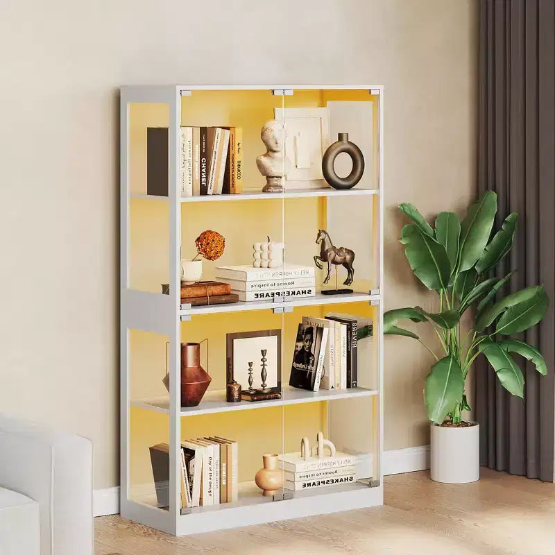 Vitrine en verre avec portes, meuble de curiosités à 4 niveaux avec lumières LED, ports de charge et détecteur de mouvement