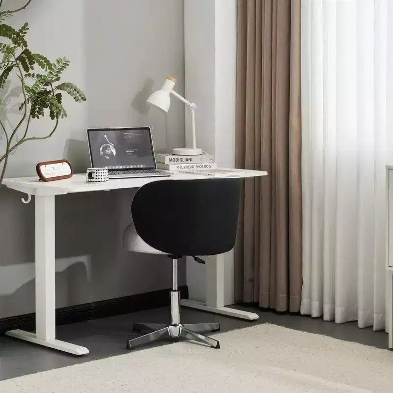 Chaise de bureau moderne pivotante en PU sans accoudoirs ni roulettes, réglable en hauteur, avec support dorsal, coloris blanc et marron