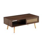 Table basse en rotin PE avec rangement à porte coulissante et pieds en bois massif - Noyer