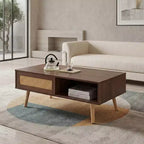 Table basse en rotin PE avec rangement à porte coulissante et pieds en bois massif - Noyer