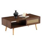 Table basse en rotin PE avec rangement à porte coulissante et pieds en bois massif - Noyer