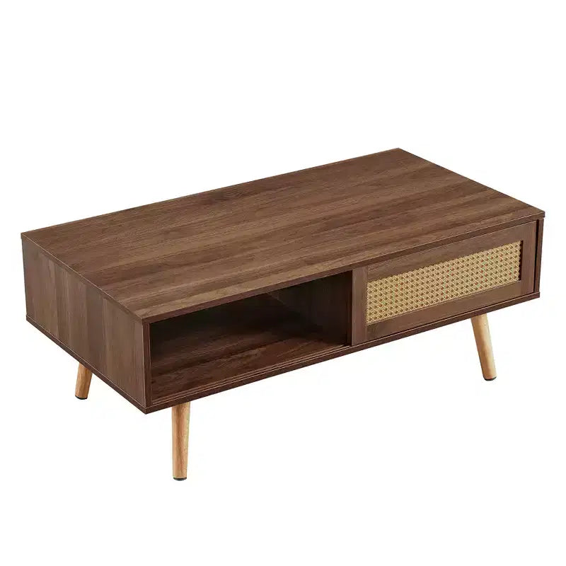 Table basse en rotin PE avec rangement à porte coulissante et pieds en bois massif - Noyer