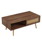 Table basse en rotin PE avec rangement à porte coulissante et pieds en bois massif - Noyer