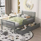Twin Wood Platform Bed with Guardrails and 2 Storage Drawers, Gray