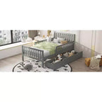 Lit jumeau plate-forme en bois avec barrières de sécurité et 2 tiroirs de rangement, Gris