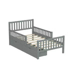 Lit jumeau plate-forme en bois avec barrières de sécurité et 2 tiroirs de rangement, Gris