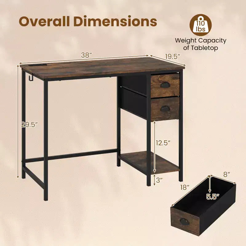 Bureau d'ordinateur avec station de charge, 2 tiroirs en tissu, étagère de rangement et crochet pour casque - Marron rustique et noir