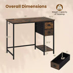 Bureau d'ordinateur avec station de charge, 2 tiroirs en tissu, étagère de rangement et crochet pour casque - Marron rustique et noir