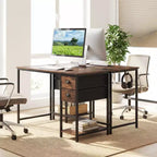 Bureau d'ordinateur avec station de charge, 2 tiroirs en tissu, étagère de rangement et crochet pour casque - Marron rustique et noir