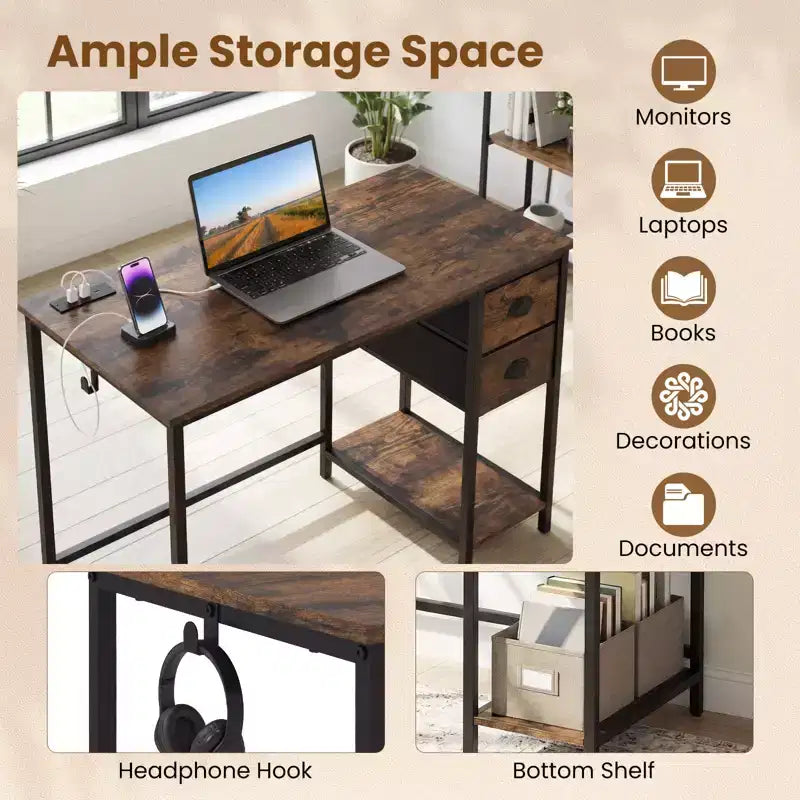 Bureau d'ordinateur avec station de charge, 2 tiroirs en tissu, étagère de rangement et crochet pour casque - Marron rustique et noir