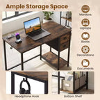 Bureau d'ordinateur avec station de charge, 2 tiroirs en tissu, étagère de rangement et crochet pour casque - Marron rustique et noir