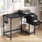 Bureau d'ordinateur avec station de charge, 2 tiroirs en tissu, étagère de rangement et crochet pour casque - Marron rustique et noir
