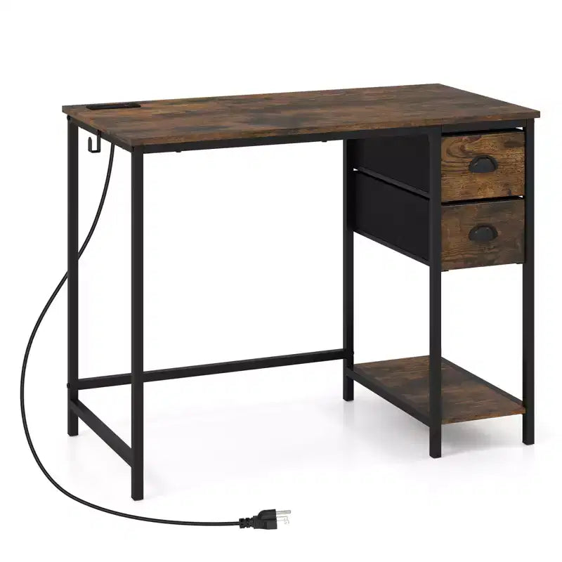 Bureau d'ordinateur avec station de charge, 2 tiroirs en tissu, étagère de rangement et crochet pour casque - Marron rustique et noir