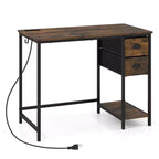 Bureau d'ordinateur avec station de charge, 2 tiroirs en tissu, étagère de rangement et crochet pour casque - Marron rustique et noir