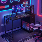 Bureau d'ordinateur avec station de charge, 2 tiroirs en tissu, étagère de rangement et crochet pour casque - Marron rustique et noir