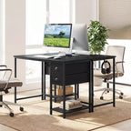 Bureau d'ordinateur avec station de charge, 2 tiroirs en tissu, étagère de rangement et crochet pour casque - Marron rustique et noir