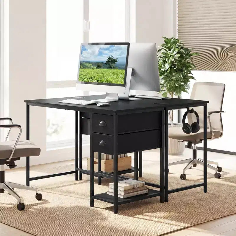 Bureau d'ordinateur avec station de charge, 2 tiroirs en tissu, étagère de rangement et crochet pour casque - Marron rustique et noir