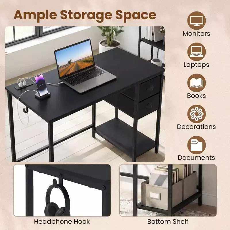 Bureau d'ordinateur avec station de charge, 2 tiroirs en tissu, étagère de rangement et crochet pour casque - Marron rustique et noir