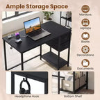 Bureau d'ordinateur avec station de charge, 2 tiroirs en tissu, étagère de rangement et crochet pour casque - Marron rustique et noir