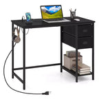 Costway Computer Desk with Charging Station, 2 Fabric Drawers, Storage Shelf Headphone Hook Rustic Brown & Black/Black