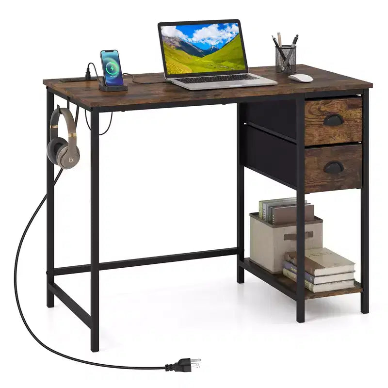 Bureau d'ordinateur avec station de charge, 2 tiroirs en tissu, étagère de rangement et crochet pour casque - Marron rustique et noir