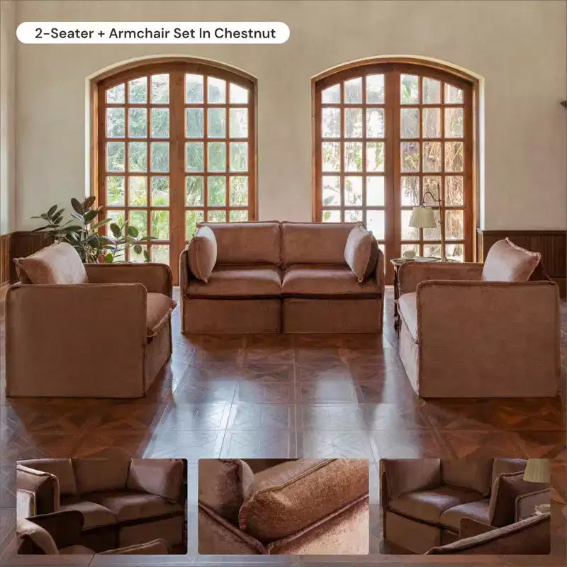 Canapé modulaire lavable 2 places + Pouf | Coussin d'assise et de dossier