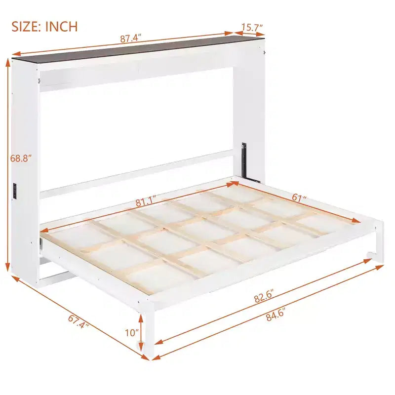 Lit escamotable Queen Size, Lit mural pliable avec prises de courant et ports USB pour chambre à coucher, petits appartements, gain de place