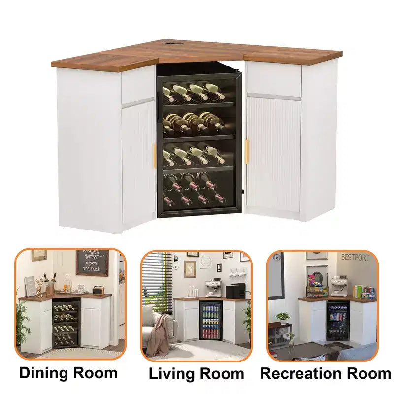 Meuble d'angle de bar avec espace pour réfrigérateur, Station de café d'angle pour la maison