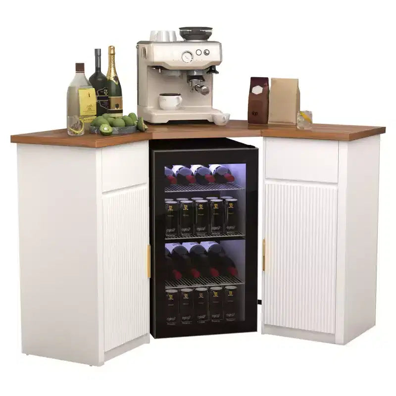 Meuble d'angle de bar avec espace pour réfrigérateur, Station de café d'angle pour la maison